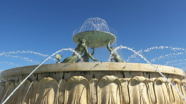 The Triton Fountain at the entrance to the historic town of Valetta on Malta.