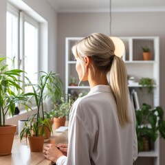 Fototapeta premium A woman with long hair tied back stands by a window, admiring several potted plants on a wooden table. Natural light brightens the peaceful room filled with greenery and organized shelves.