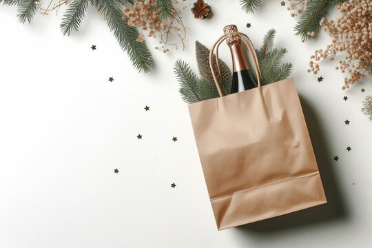 a brown paper bag sitting on top of a table, festive, wine, pine, flat lay, star, Christmas and New Year celebration design for greeting cards, invitations, posters, or banners. Holiday theme