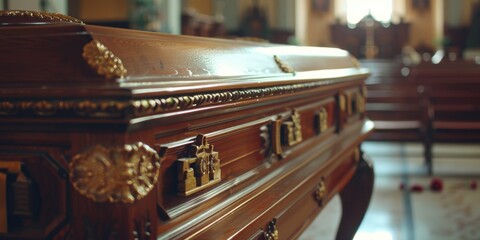 Closeup of a casket and funeral service, honoring life and faith. A wood coffin symbolizes memory and compassion during a farewell ceremony