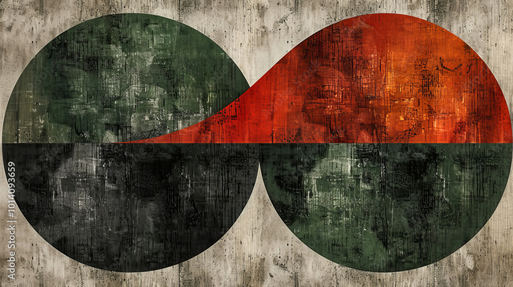 Poster this artwork features two overlapping circles in muted shades of green, black, and orange. the textu