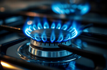 Blue Flames Emanating from Gas Burner on Stove. Home Cooking Concept.