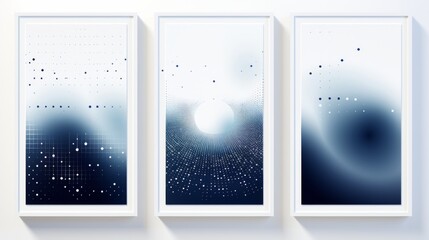 Set of 3 Abstract Blue Gradient Poster Backgrounds: Modern Cover Template Featuring Geometric Prism Shapes and Halftone Dots for Social Media and Advertising