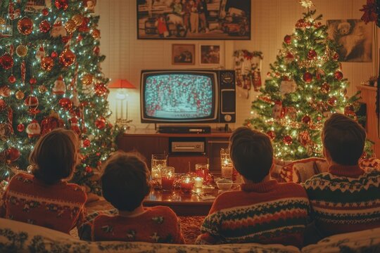 Group of friends wearing festive Christmas sweaters, sitting together in a cozy living room decorated in 80s retro Christmas style