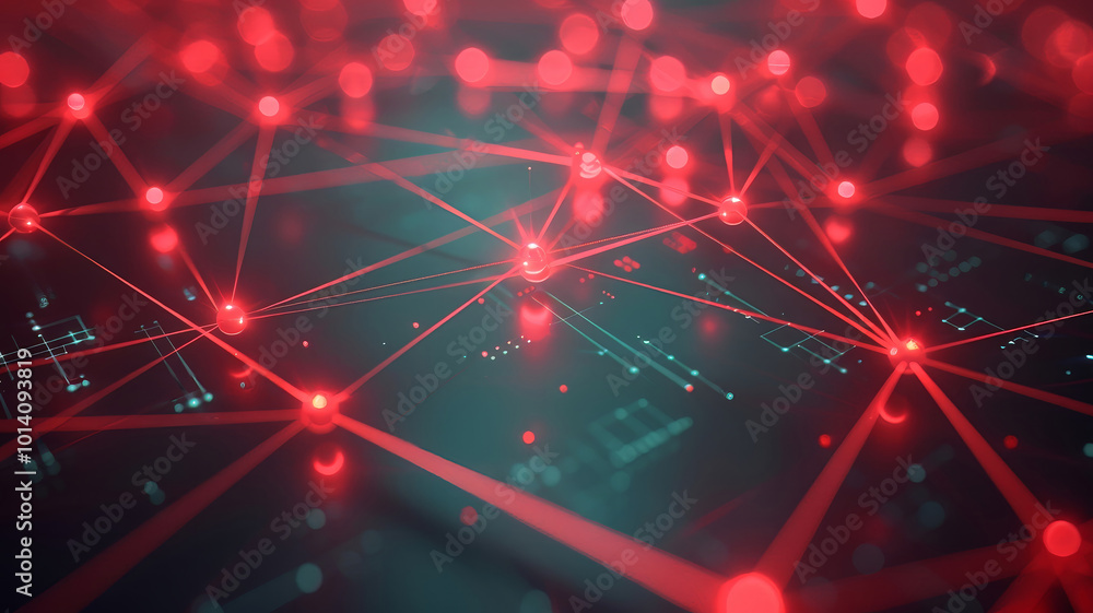Poster glowing red data points interconnected by bright lines create a visual representation of a digital n