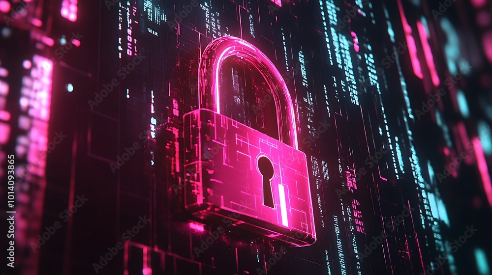 Poster A glowing, pink padlock with a keyhole sits on a background of binary code, highlighting the importance of digital security.