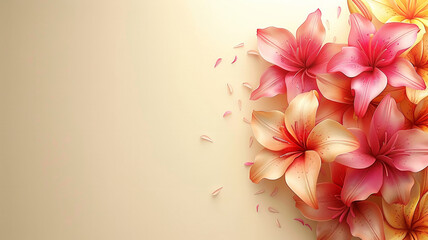 A cluster of vibrant pink lilies is artistically arranged against a soft beige backdrop, showcasing the delicate petals and subtle details, creating an elegant and serene atmosphere. Copy space