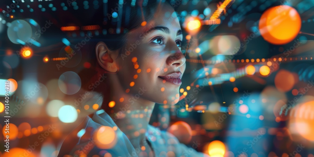 Poster businesswoman working late at night in a dark office on digital software and cyber security, featuri