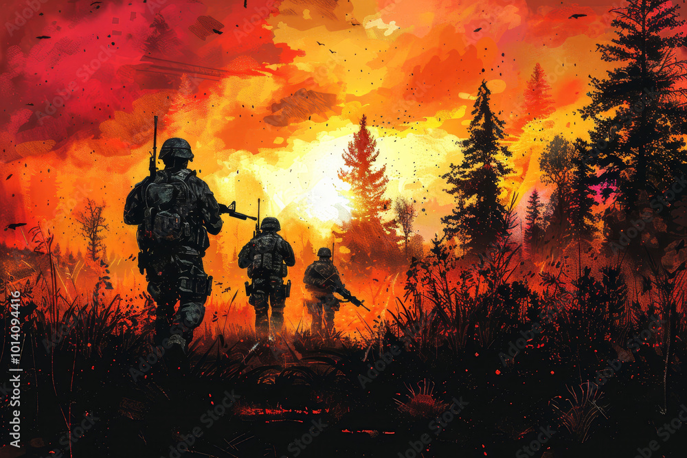 Wall mural amidst a vivid backdrop of flames and smoke, soldiers cautiously make their way through a burning ar