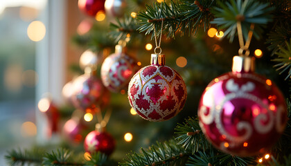 Close-up of elegant Christmas ornaments hanging on a decorated tree with lights