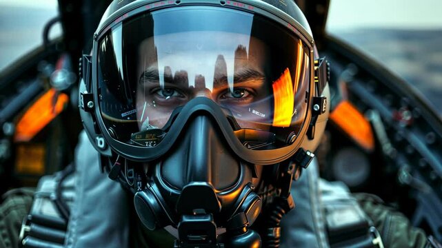 A pilot stares intently through the visor of their helmet, a cityscape reflected in the glass