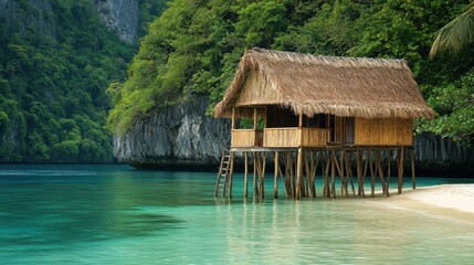 A traditional stilt house on a tropical beach with clear turquoise water, surrounded by lush green foliage and cliffs, embodying serene and secluded coastal living.
