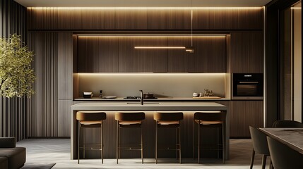 Wooden home kitchen interior with a bar island and cooking cabinet