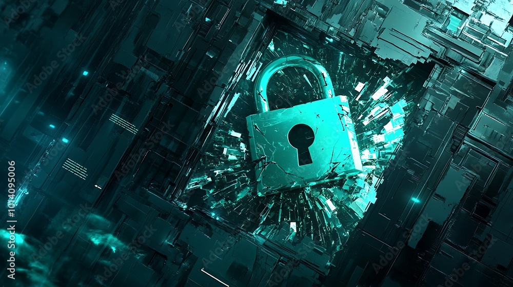 Poster a 3d rendering of a futuristic, glowing, turquoise padlock with a keyhole, breaking through a cracke
