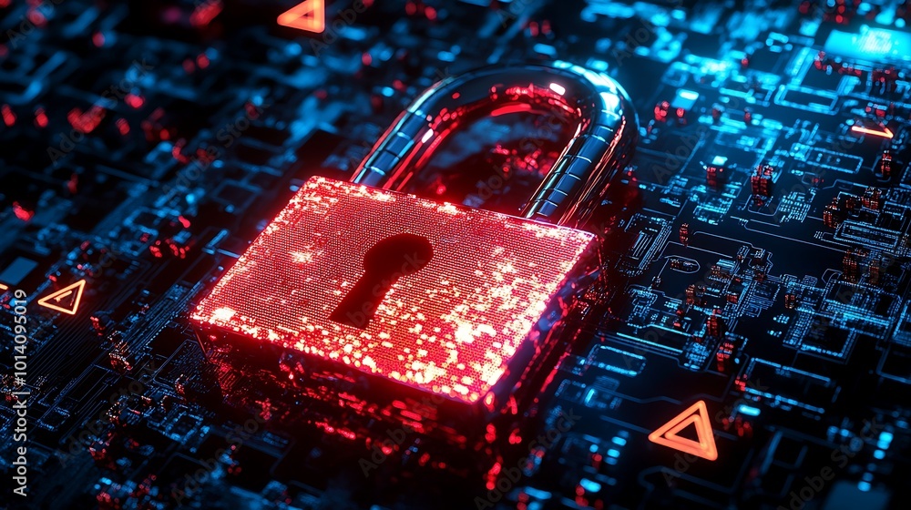 Poster a glowing red padlock sits on a circuit board with a blue background.