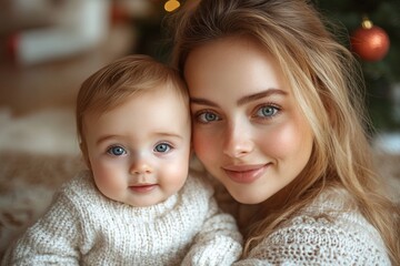 Beautiful young mother and her adorable little baby in warm knitted hats and scarves on the background of the Christmas tree. Happy family concept.