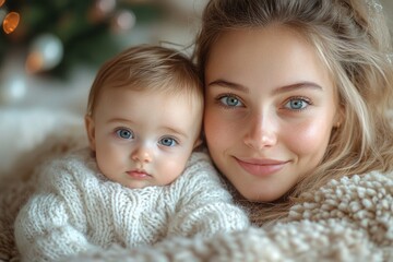 Beautiful young mother and her adorable little baby in warm knitted hats and scarves on the background of the Christmas tree. Happy family concept.