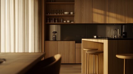 Wooden home kitchen interior with a bar island and cooking cabinet