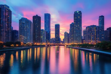 Fototapeta premium A city skyline is reflected in a body of water, generative ai image