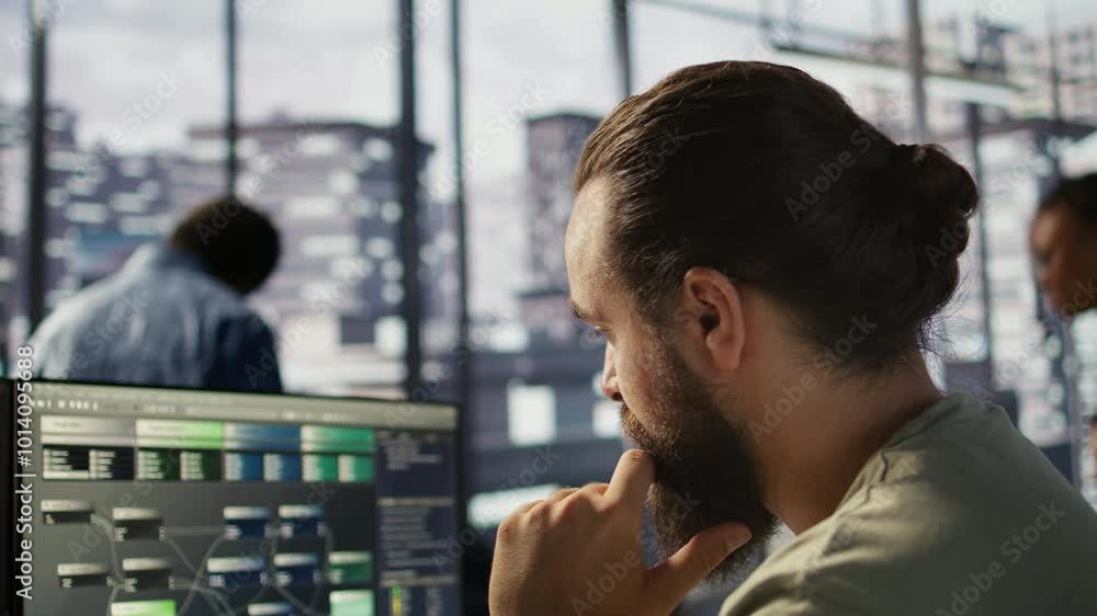 Poster pensive employee using computer to analyze datasets, focused on comparing datasets and checking acco