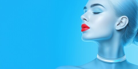 A fashionable beauty with a blue neck and white choker, light makeup, red lips, eyes closed, against a blue background