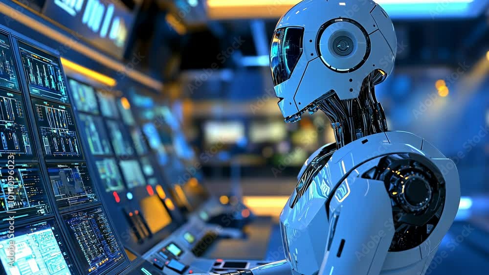 Poster a white robot works at a computer terminal in a futuristic control room