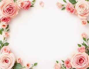 Delicate pink roses surround a blank space, perfect for writing personal messages. This lovely floral arrangement adds elegance to any occasion. Background for birthday, mother day, valentine day. AI