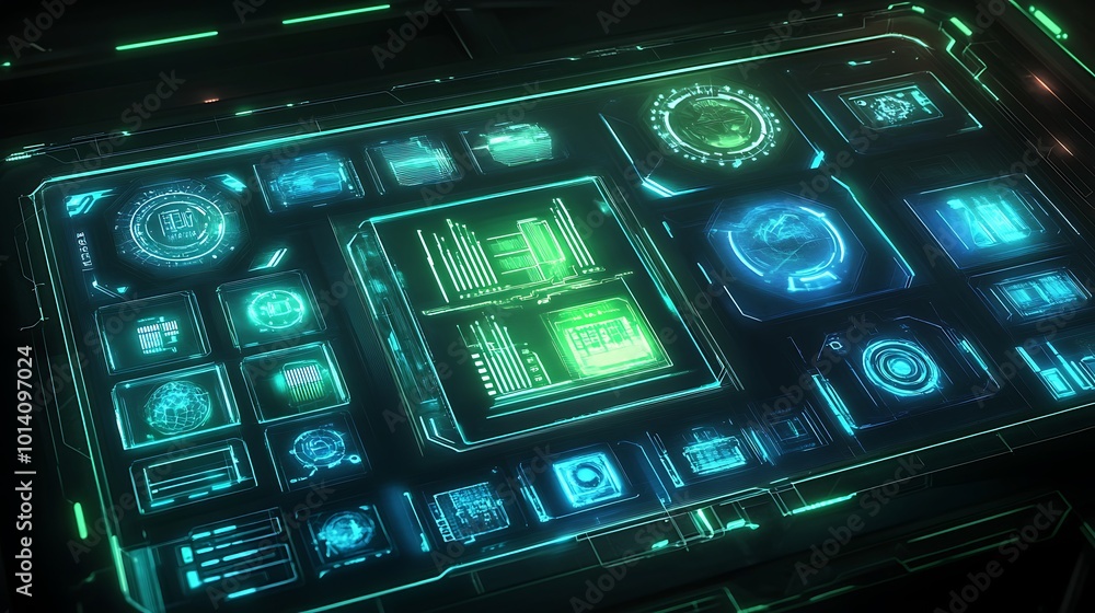 Poster futuristic interface with glowing green and blue icons on a dark background.