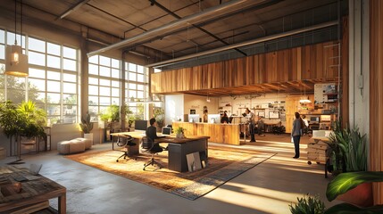 Wooden office interior with dedicated conference and coworking areas, illuminated by natural light from a large window