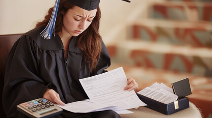 student loan debt, a stressed college graduate examining student loan documents, calculator and empty wallet nearby,