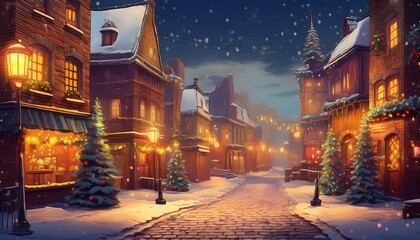 Charming pixel art of a snow-covered old city street decorated for Christmas evening with warm lights. Generative AI