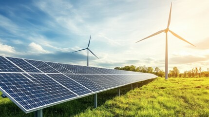 A solar panel farm next to a wind turbine farm, with both energy sources working in harmony under a bright sky.