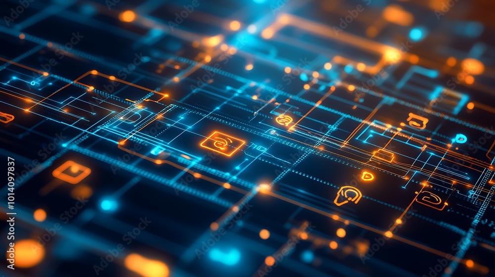 Poster Abstract digital network with glowing lines and icons.