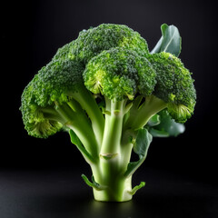 Green broccoli florets on a black background