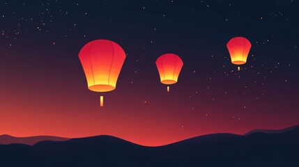 Three glowing red lanterns fly in the night sky over silhouetted mountains and stars.