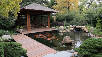 Fototapeta premium A traditional Japanese garden with a wooden pavilion, koi pond, and carefully placed rocks and plants.