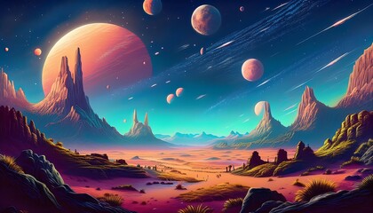 A pixelated backdrop of a barren alien planet with majestic mountains and vibrant planets in the night sky. Generative AI