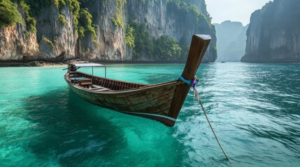 A traditional Thai long-tail boat floating on the turquoise waters of Phi Phi Island, with limestone cliffs in the background.