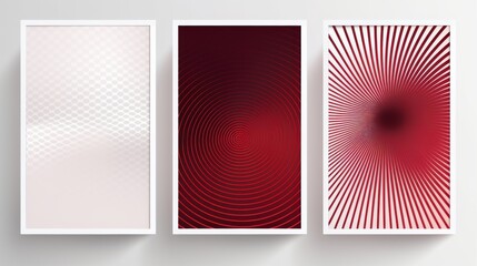 set of 3 frame Abstract maroon gradient poster background vector set. Modern cover template with maroon and white perspective geometric prism shape, halftone dot. Ideal design for social media, banner