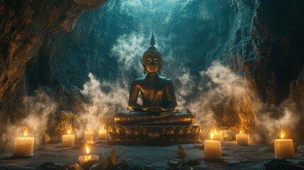 A tranquil scene of a Buddha statue sitting inside a cave, surrounded by flickering candles and incense smoke.