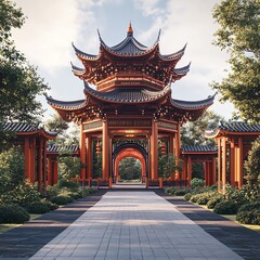 Naklejka premium Chinese temple entrance featuring ornate front gates and stunning architectural details picture