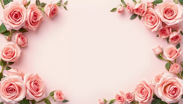 Delicate pink roses surround a blank space, perfect for writing personal messages. This lovely floral arrangement adds elegance to any occasion. Background for birthday, mother day, valentine day. AI