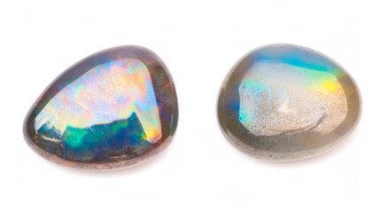 opal, two, gray, black, gemstone, loose, round, stone, shining, iridescent, material, reflection, light, white background