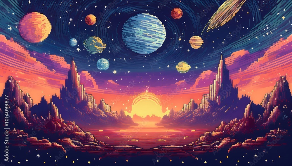 Wall mural A vast retro pixel art backdrop featuring colorful planets and a glowing sunset in expansive outer space. Generative AI