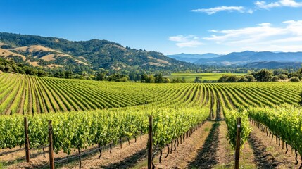 Fototapeta premium A view of rolling vineyards in a wine region, with mountains in the distance under a bright blue sky.