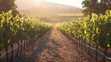 Fototapeta premium A vineyard during the golden hour, with long shadows cast by rows of grapevines and sunlight filtering through.
