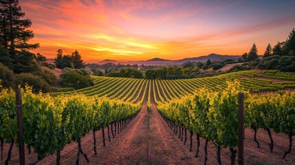 Fototapeta premium A wide view of a vineyard at sunset, rows of grapevines stretching into the distance under a colorful sky.