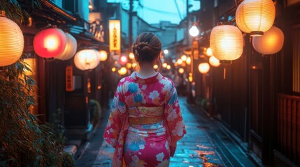 Obraz premium A young woman in a bright floral yukata walking through a narrow street lined with paper lanterns at night.