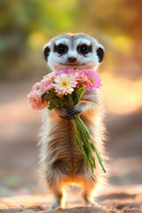 animal art, cute meerkat is carrying colorful flowers to you, antropomorphic, bokeh background, photorealistic