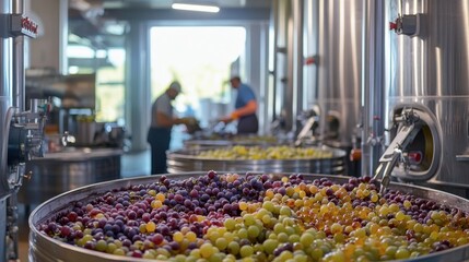 Grapes fermenting in large stainless steel tanks at a modern winery, with workers in the background.